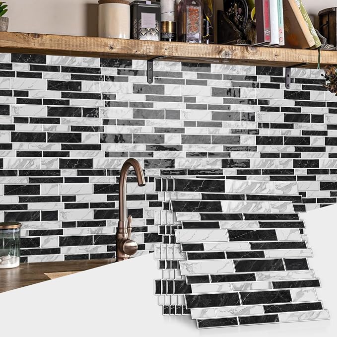 Alwayspon 10 Sheets 12" x12inch Black and White Marble Effect Vinyl Tiles, Backsplash, Self-Adhesive Peel and Stick Wall Tile Stickers, Stick on Subway Tiles for Kitchen Bathroom Wall Decor