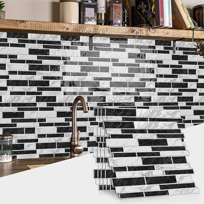 Alwayspon 10 Sheets 12" x12inch Black and White Marble Effect Vinyl Tiles, Backsplash, Self-Adhesive Peel and Stick Wall Tile Stickers, Stick on Subway Tiles for Kitchen Bathroom Wall Decor