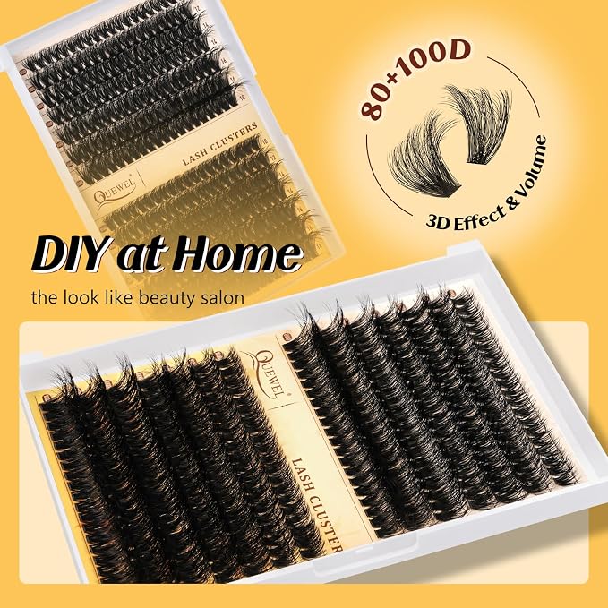 QUEWEL Lash Clusters, Cluster Lashes 3D-80D+100D Eyelash Clusters D Curl | Individual Lashes 10-18mm Cluster Eyelash Extensions Create Kinds of Beauty Look (DH-3D+80D+100D)
