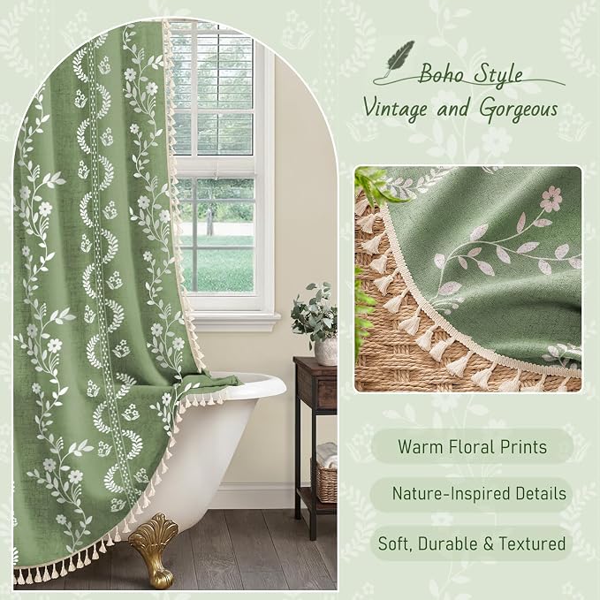 Boho Green Vintage Shower Curtain with Tassels 72 x 72 Inch | Bohemian Floral Linen Fabric Pattern Curtain Curtain For Bathroom