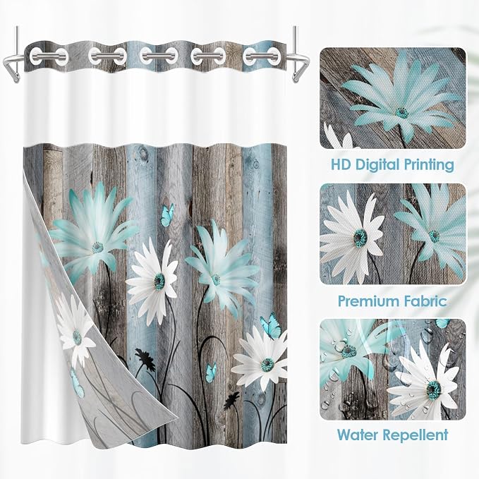 No Hook Shower Curtain with Snap in Liner 71x74 Inch Teal Daisy | Butterfly Farmhouse Rustic Modern Double Layers Waterproof Fabric with See Through Top Window Open Grommet Bath Curtain