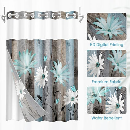 No Hook Shower Curtain with Snap in Liner 54x80 Inch Teal Daisy | Butterfly Farmhouse Rustic Modern Double Layers Waterproof Fabric with See Through Top Window Open Grommet Bath Curtain