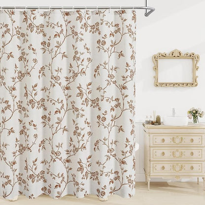 MitoVilla Brown Cotton Floral Shower Curtain for Bathroom, 72 x 72 | Brown BoHo Cottagecore Spring Shower Curtains, Modern Farmhouse Country Plant Leaves Bathroom Décor, 72 x 72