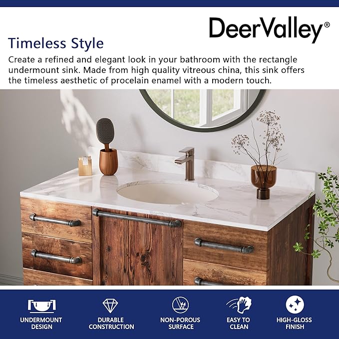DeerValley DV-1U303BN Bone Undermount Bathroom Sink 18'' x 15'' Oval Ceramic Sink Bathroom Vessel Sink with Overflow Hole