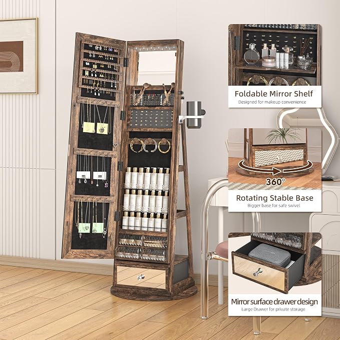 360° Swivel Jewelry Cabinet Standing Full-Length Jewelry Armoire | with Lights Standing Jewelry Armoire Organizer Foldable Makeup Shelf, Coffee