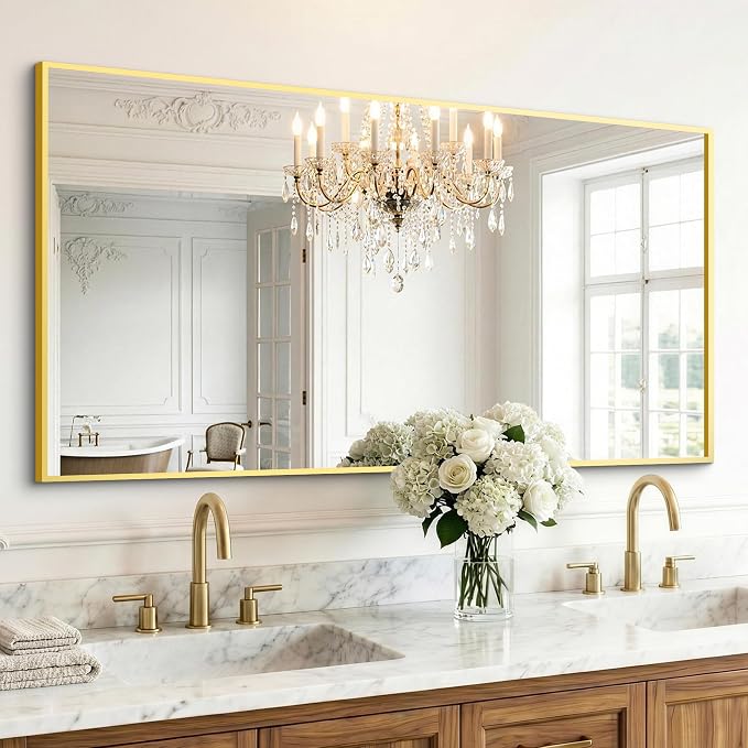 Bathroom Mirror for Wall, 55"x30" Gold Vanity Mirror | Sturdy Rectangular Metal Frame, HD Tempered Glass, Hangs Horizontally or Vertically in Bedroom, Living Room, Entryway