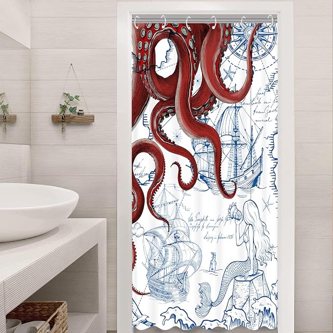 Fungarth Stall Red Nautical Octopus Shower Curtain Navy Blue Mermaid Funny Ocean Kraken Shower Curtains for Bathroom Cool Anchor Coastal Map Waterproof Fabric Bath Curtain Decor (Red, 36” x 72”)