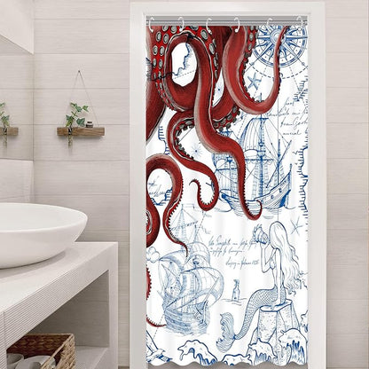 Fungarth Stall Red Nautical Octopus Shower Curtain Navy Blue Mermaid Funny Ocean Kraken Shower Curtains for Bathroom Cool Anchor Coastal Map Waterproof Fabric Bath Curtain Decor (Red, 36” x 72”)