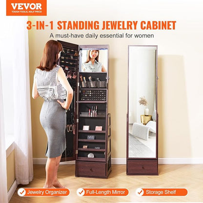 VEVOR 360° Swivel Jewelry Cabinet Armoire, 63-Inch Tall Lockable Jewelry Organizer with Full-Length Mirror, LED Light, Velvet Lining, Drawer, Freestanding, Brown