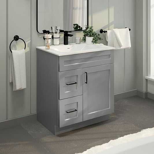 30" Shaker Bathroom Vanity Sink Base with Drawers (Ready-to-Assemble) (Light Grey Shaker Vanity Base)
