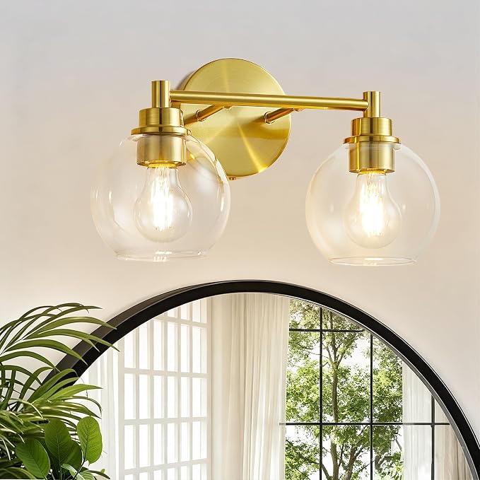 Bathroom Light Fixtures, Vanity Lights for Bathroom 2-Light Gold, Bathroom Lighting Fixtures Over Mirror with Clear Glass Globe Shade, Bathroom Vanity Light for Living Room Kitchen Bedroom Hallway
