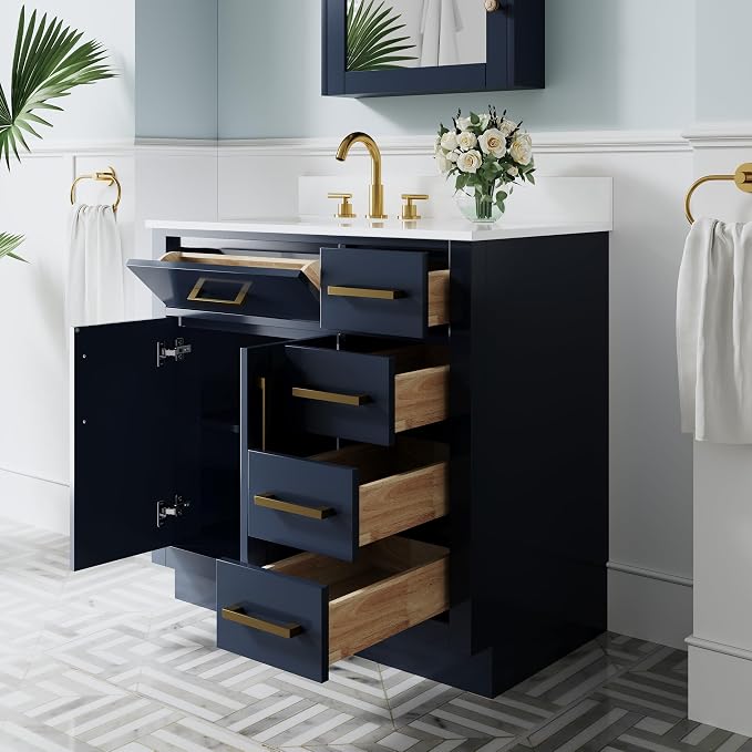 36-Inch Bathroom Vanity with Sink W/ 2 Doors & 4 Drawers & 1 Flip Drawer, Navy Blue Vanity W/Brushed Gold Handles