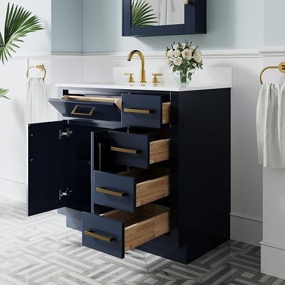36-Inch Bathroom Vanity with Sink W/ 2 Doors & 4 Drawers & 1 Flip Drawer, Navy Blue Vanity W/Brushed Gold Handles