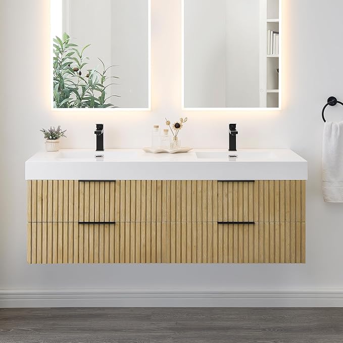 60 Inch Floating Sink Bathroom Vanity Wall Mount Double Vanities with Top | Pre-Assembled, Sturdy Solid Wood, Modern Vanity, Ceramic Sink, Large Storage Cabinet, Soft Closing Doors, Dovetail Drawers