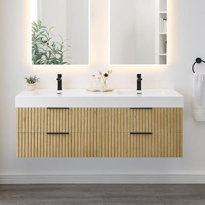 60 Inch Floating Sink Bathroom Vanity Wall Mount Double Vanities with Top | Pre-Assembled, Sturdy Solid Wood, Modern Vanity, Ceramic Sink, Large Storage Cabinet, Soft Closing Doors, Dovetail Drawers