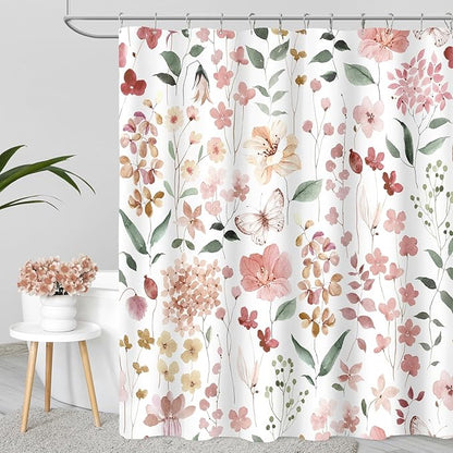 Long Shower Curtain 72 x 78 Inch, Tall Coral Floral Shower Curtain for Bathroom, Watercolor Flower Butterfly Fabric Shower Curtain Set with Hooks, Coral Pink, Peach