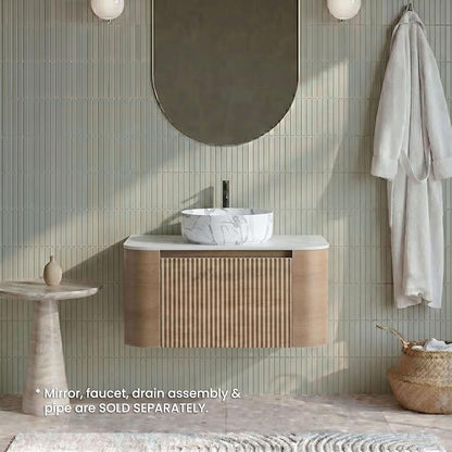 30" Preassembled Floating Bathroom Vanity with Carrara Finish Sink, Oak | Mid-Century Modern Style, Fluted & Soft-Close Drawer with U-shaped Wall, Sinterted Stone Countertop, Towel Rack Included