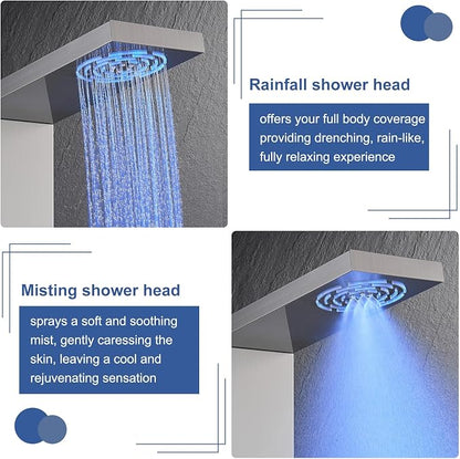 ROVATE 6-in-1 LED Rainfall Mist Shower Panel Tower System, Brushed Finish | Stainless Steel Shower Column with 2-Setting Massage Body Jets, Flexible Handheld, Tub Spout, Digital Temperature Display