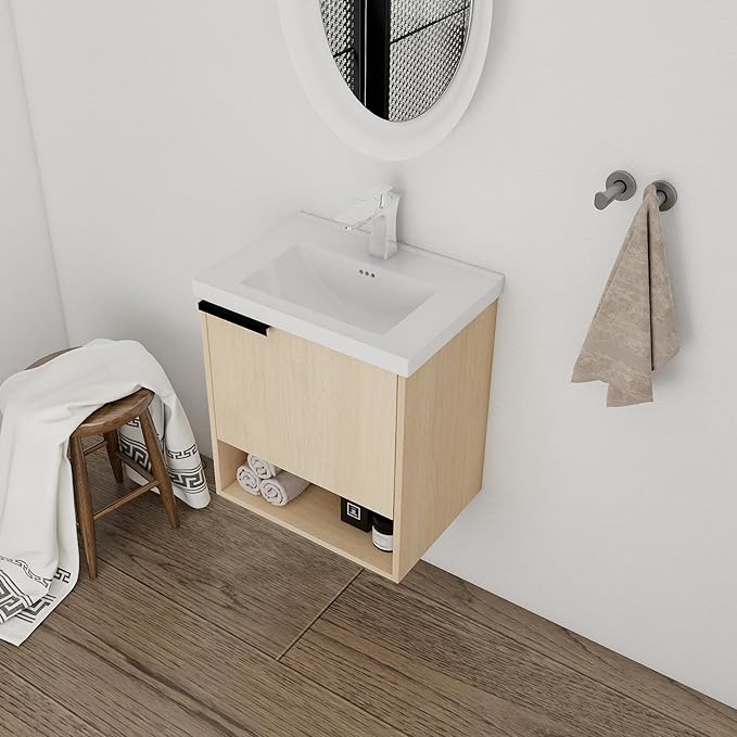 20 Inch Floating Vanity for Small Space, 20" Bathroom Vanity with Sink, Single Sink Bathroom Vanity Combo, Modern Bathroom Vanity, Brown Wall Mounted Cabinet Set