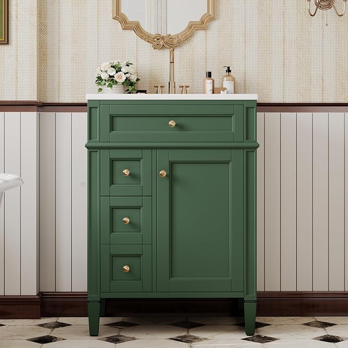 Merax 24 Inch Bathroom Vanity with Ceramic Sink, Solid Wood Frame Modern Bathroom Sink Storage Cabinet with 2 Drawers and a Tip-Out Drawer, Single Sink Bathroom Vanities, Green
