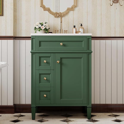 Merax 24 Inch Bathroom Vanity with Ceramic Sink, Solid Wood Frame Modern Bathroom Sink Storage Cabinet with 2 Drawers and a Tip-Out Drawer, Single Sink Bathroom Vanities, Green
