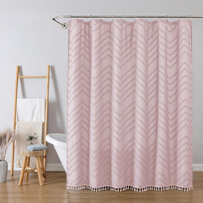 Boho Shower Curtain, Blush Pink Fabric Cloth Shower Curtains Farmhouse Tufted Chevron Striped Textured with Tassel for Bathroom, Soft Hotel Style Modern Minimalist, Machine Washable, 72x72