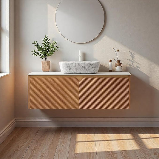 Floating Bathroom Vanity with Sink, 48" Bathroom Storage Cabinet with Sintered Stone Countertop & Marble-Pattern Ceramic Basin, Wall-Mounted Vanity with 2 Twill Pattern Doors, Brown Oak