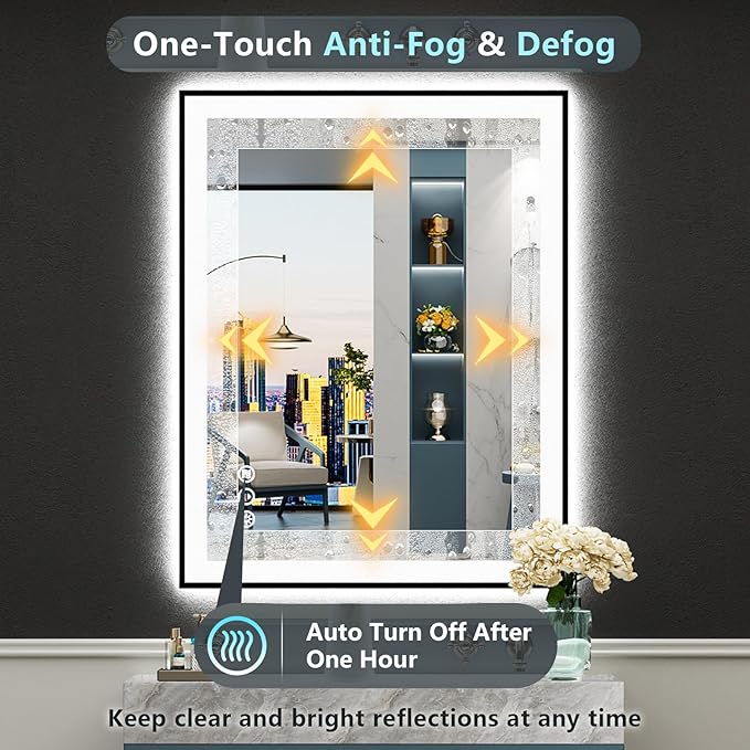 28x36 Black Framed LED Bathroom Mirror with Lights, Backlit and Front Lit Anti-Fog Lighted Vanity Mirrors for Bathroom Wall, Dimmable, 3 Colors, Memory, HD Tempered Glass, Horizontal/Vertical