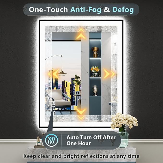 30x36 Black LED Bathroom Mirror, Backlit & Front Lit Lighted Mirror | Metal Framed Anti-Fog Vanity Mirror with Lights, 3 Color Dimmable, Memory, Tempered Glass, CRI95, IP54, Horizontal/Vertical