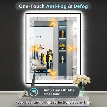 24x36 Black LED Bathroom Mirror, Backlit & Front Lit Lighted Mirror | Metal Framed Anti-Fog Vanity Mirror with Lights, 3 Color Dimmable, Memory, Tempered Glass, CRI95, IP54, Horizontal/Vertical