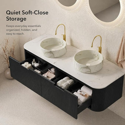 60 Inch Double Sink Bathroom Vanity, Floating Wall Mounted Cabinet, Black Curved Fluted Front, Stone Top, Dual Marble-Look Round Vessel Basins, Pre-Assembled