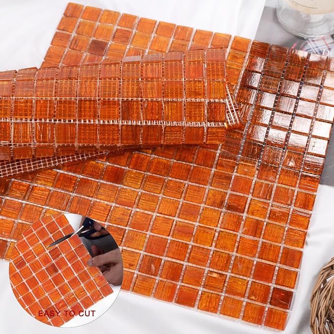 11.5 sq.ft Orange Glass Mosaic Tile for Bathroom, Pool, Kitchen Backsplash | Waterproof Wall & Floor Tile. Heat & frost resistant outdoors. Mesh-mounted easy install. Use any grout. Easy clean. 10pcs.