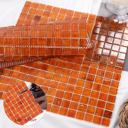 11.5 sq.ft Orange Glass Mosaic Tile for Bathroom, Pool, Kitchen Backsplash | Waterproof Wall & Floor Tile. Heat & frost resistant outdoors. Mesh-mounted easy install. Use any grout. Easy clean. 10pcs.