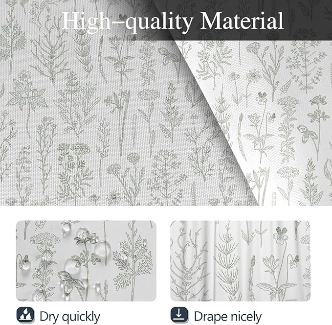 Coxila Vintage Floral Shower Curtain Sage Green and White Flower Retro Cute Rustic Country Spring Summer Fun Boho Plant Botanical Leaf Greenery Bathroom 60 x 72 Inch Polyester Fabric 12 Pack Hooks