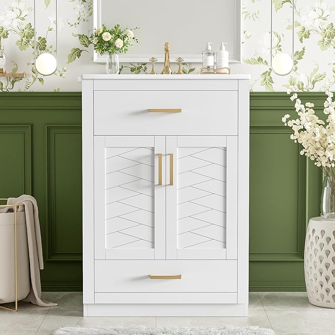 Merax Herringbone Single Sink Bathroom Vanity, Freestanding 24" Modern Bathroom Vanity Storage Cabinet with 2 Drawers and 2 Doors, Solid Wood Frame