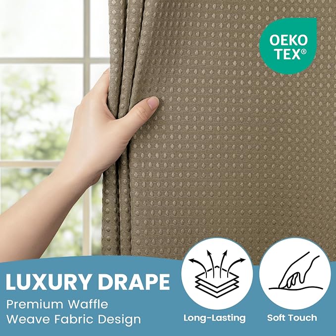 SORTTO No Hook Shower Curtain with Snap in Liner Set Waffle Shower Curtain for Bathroom Hotel Style Fabric Waterproof Inner Liner，71" W x 74" H, Beige