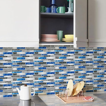 10 Sheets Peel and Stick Backsplash, Peel and Stick Tiles, Marble Look Wall Tiles Backsplash for Kitchen and Bathroom, Livingroom, 12”x12”,Blue&Grey