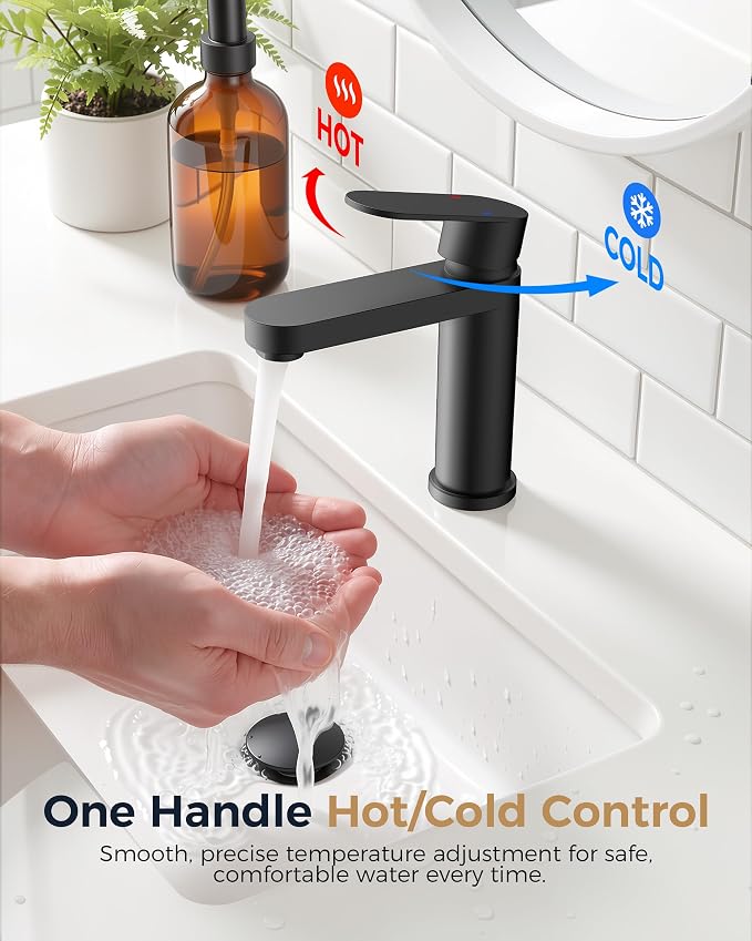 FORIOUS Bathroom Faucet 1 Hole, Single Handle Vanity Faucet Matte Black | Black Bathroom Sink Faucet with Deck Plate, Fits 1 Hole and 4-Inch 3 Hole Install, for RV Vanity Lavatory Restroom Camper