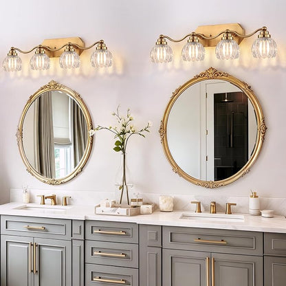 Bathroom Vanity Light, Gold Vintage Tulip Glass Shade, Antique Brass Finish | 4 Light Brushed Gold Bathroom Light Fixtures, Crystal Wall Sconce, Mounted Over Mirror for Bedroom Hallway, Easy to Install