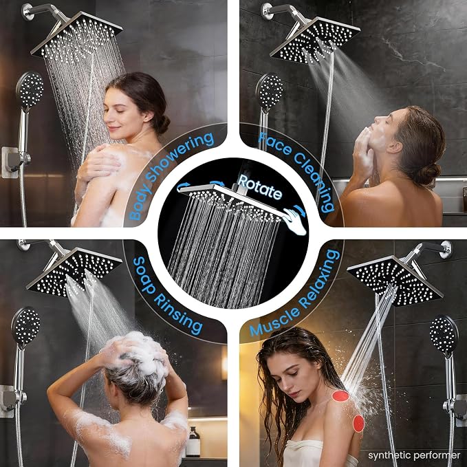Veken Multi-Function Rain Shower Head with Handheld, High Pressure, Square | Rainfall Showerhead, Dual Shower Heads Combo, 5-mode Detachable Hand Held Spray with Hose, regaderas para shower, Chrome