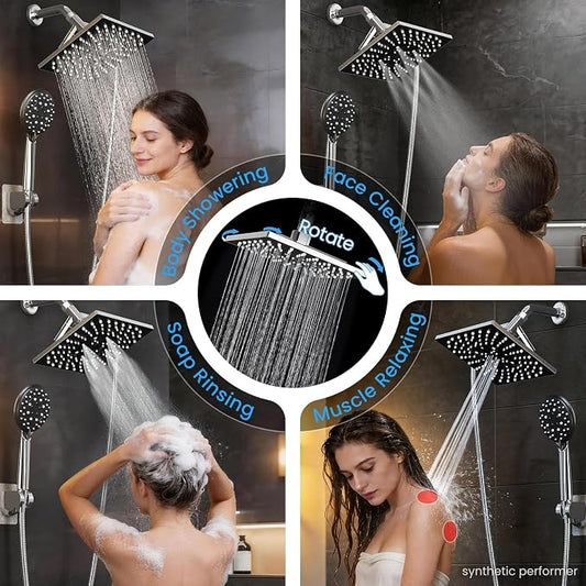 Veken Multi-Function Rain Shower Head with Handheld, High Pressure, Square | Rainfall Showerhead, Dual Shower Heads Combo, 5-mode Detachable Hand Held Spray with Hose, regaderas para shower, Chrome