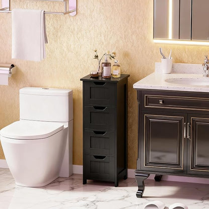 Bathroom Floor Storage Cabinet, Freestanding Wooden Side Organizer w/4 Drawers & Anti-Tip Kit for Bathroom Living Room Hallway Office Study, Black