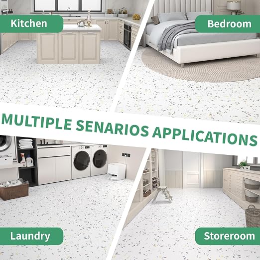 40-Pack 40 Sq.Ft Peel and Stick Floor Tiles Vinyl Matte Pattern Flooring, 12” x 12” Self Adhesive Vinyl Flooring DIY for Kitchen, Bathroom, Laundry, White Terrazzo Marble