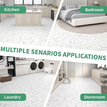 40-Pack 40 Sq.Ft Peel and Stick Floor Tiles Vinyl Matte Pattern Flooring, 12” x 12” Self Adhesive Vinyl Flooring DIY for Kitchen, Bathroom, Laundry, White Terrazzo Marble