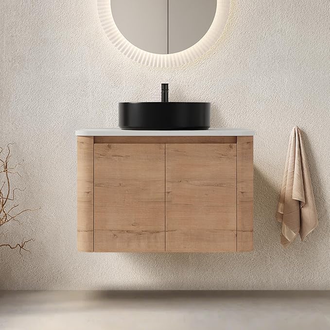 LKTART 30 Inch Floating Bathroom Vanity with Sink, Modern Wall Mounted Bathroom with Soft Close Door, Black Round Ceramic Basin and Sintered Stone Top