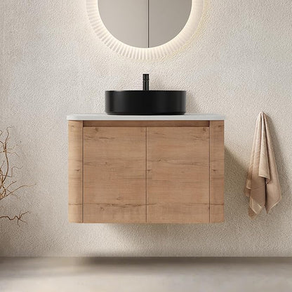 LKTART 30 Inch Floating Bathroom Vanity with Sink, Modern Wall Mounted Bathroom with Soft Close Door, Black Round Ceramic Basin and Sintered Stone Top