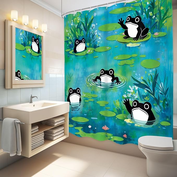 Funny Frog Cute Cartoon Animal Lotus Leaves Bathroom Shower Curtain Set | 60Wx71H Flowers Green waterproof HD print, quick-dry fabric, and 12 hooks for easy setup