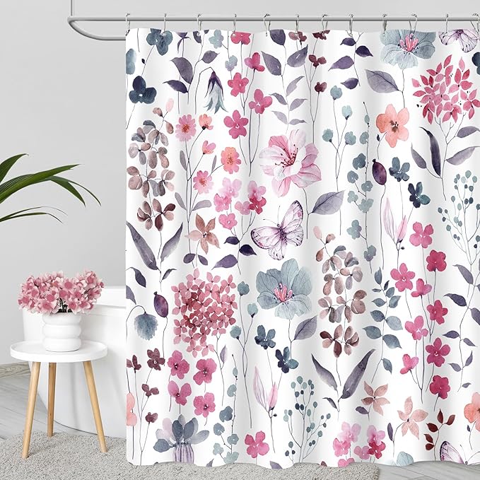 Pink Floral Shower Curtain, Pink Blue Watercolor Flower Fabric Shower Curtain for Bathroom, Cute Wildflower Butterfly Cloth Shower Curtain Set with Hooks, 72x72