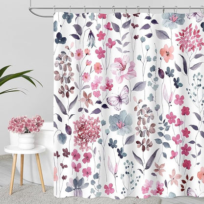 Watercolor Floral Shower Curtain 60x72, Pink Blue Flower Fabric Shower Curtain for Bathroom, Cute Wildflower Butterfly Cloth Shower Curtain Set with Hooks