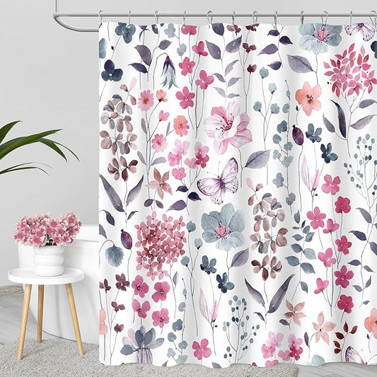 Watercolor Floral Shower Curtain 60x72, Pink Blue Flower Fabric Shower Curtain for Bathroom, Cute Wildflower Butterfly Cloth Shower Curtain Set with Hooks